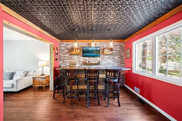 Interior, Pendant Lights, Stone Walls, Wood Texture Flooring