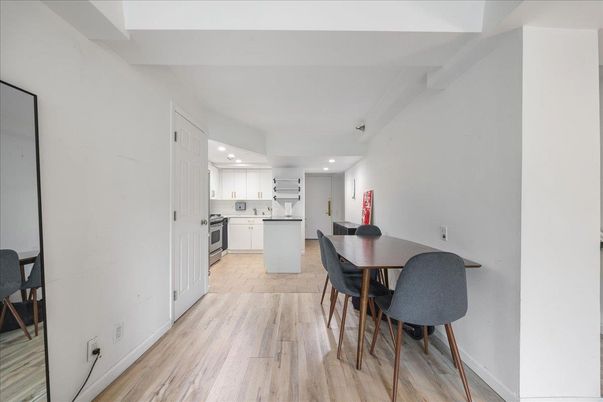 Dining room, Interior, Kitchen, Recessed Lighting, Wood Texture Flooring