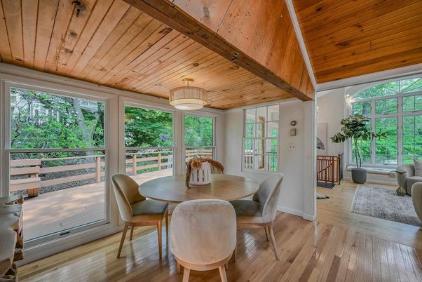 Dining room, Interior, Pendant Lights, Wooden Beams, Wooden Ceilings, Wood Texture Flooring