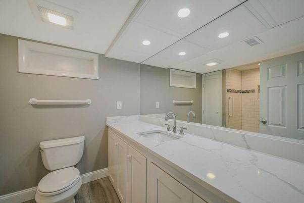 Bathroom, Interior, Recessed Lighting, Wood Texture Flooring