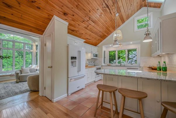 Interior, Kitchen, Pendant Lights, Wooden Ceilings, Wood Texture Flooring