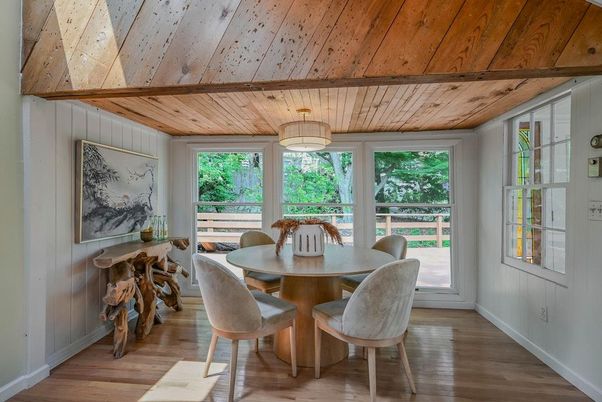 Dining room, Interior, Pendant Lights, Wooden Ceilings, Wood Texture Flooring