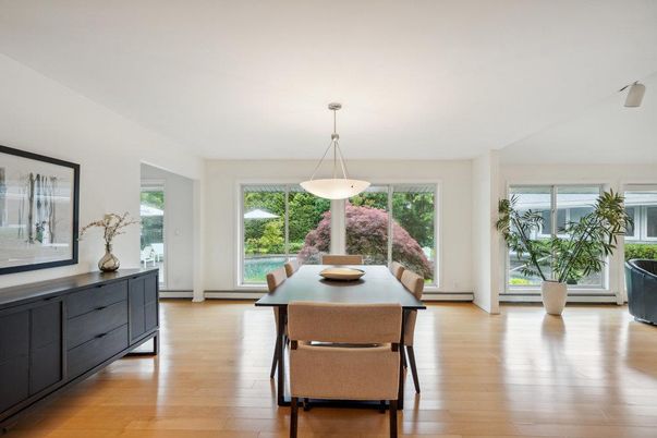 Dining room, Interior, Pendant Lights, Wood Texture Flooring