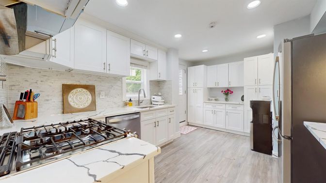 Interior, Kitchen, Recessed Lighting, Stainless Steel Appliances, Stone Walls, Wood Texture Flooring