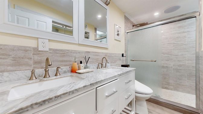 Bathroom, Dual Sink Vanities, Glass Shower, Interior, Recessed Lighting