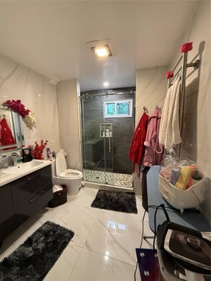 Bathroom, Glass Shower, Interior, Marble, Marble Walls, Recessed Lighting