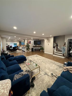 Dining room, Interior, Living room, Recessed Lighting, Wood Texture Flooring