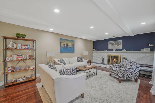 Fireplace, Interior, Living room, Recessed Lighting, Wood Texture Flooring