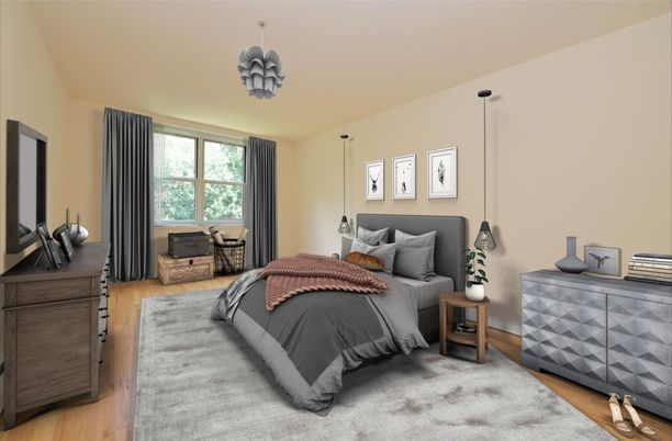 Bedroom, Interior, Pendant Lights, Wood Texture Flooring