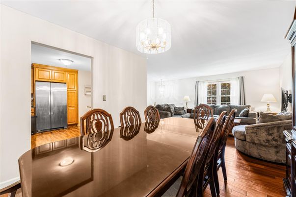 Dining room, Interior, Kitchen, Living room, Pendant Lights, Stainless Steel Appliances, Wood Texture Flooring