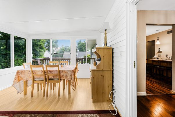 Dining room, Interior, Pendant Lights, Sun Room, Wood Texture Flooring