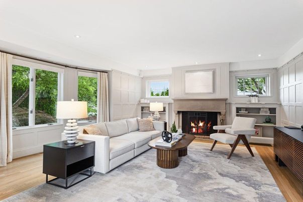 Fireplace, Interior, Living room, Recessed Lighting, Wood Texture Flooring