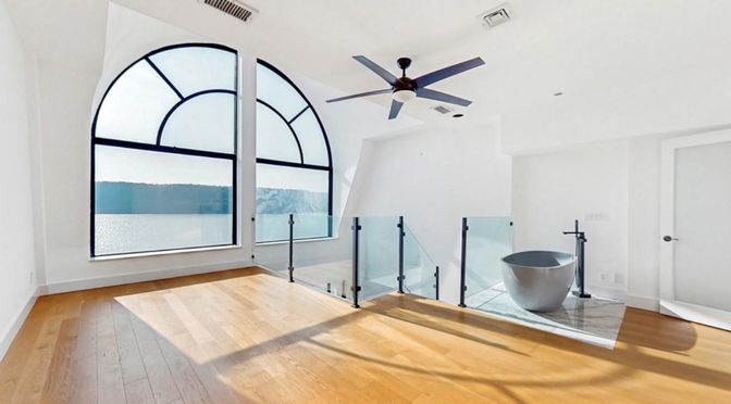 Bathroom, Free Standing Baths, Interior, Recessed Lighting, Wood Texture Flooring