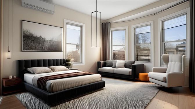 Bedroom, Interior, Pendant Lights, Wood Texture Flooring