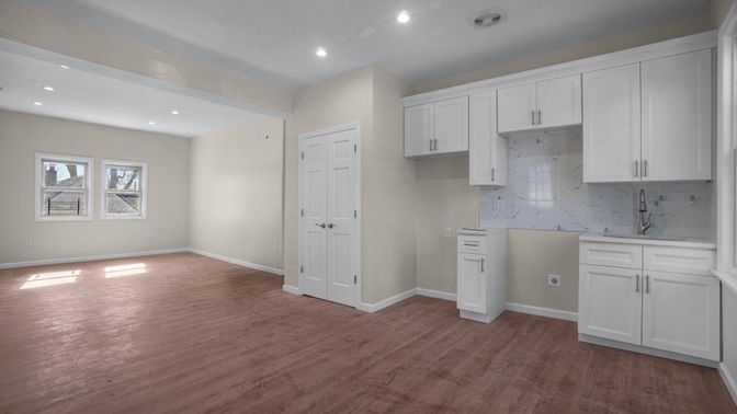 Empty room, Interior, Kitchen, Marble Walls, Recessed Lighting, Wood Texture Flooring