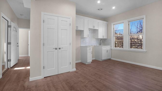 Interior, Kitchen, Marble Walls, Recessed Lighting, Wood Texture Flooring