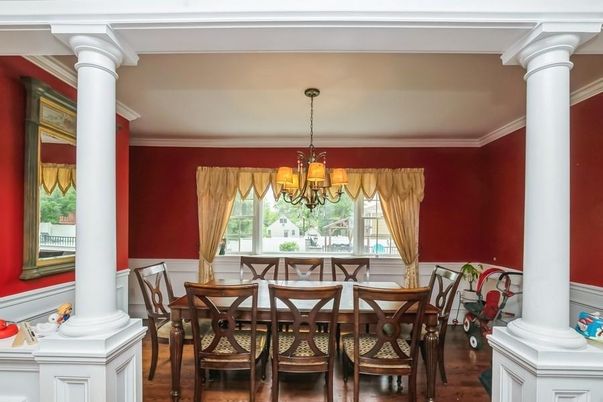 Chandelier, Dining room, Interior, Wood Texture Flooring