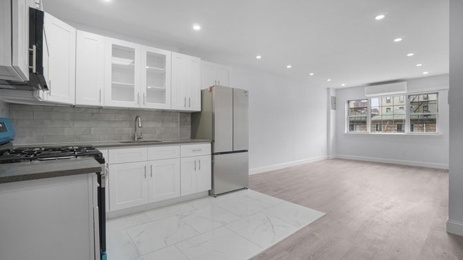 Interior, Kitchen, Marble, Recessed Lighting, Wood Texture Flooring