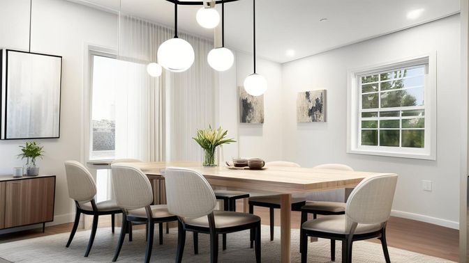 Dining room, Interior, Pendant Lights, Recessed Lighting, Wood Texture Flooring