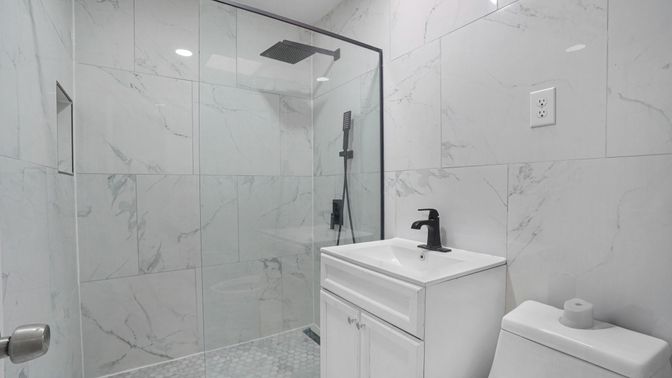 Bathroom, Glass Shower, Interior, Marble Walls