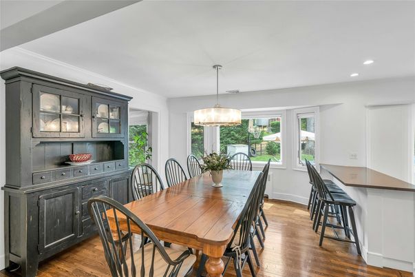 Dining room, Interior, Pendant Lights, Recessed Lighting, Wood Texture Flooring