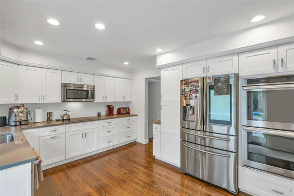 Interior, Kitchen, Recessed Lighting, Stainless Steel Appliances, Wood Texture Flooring