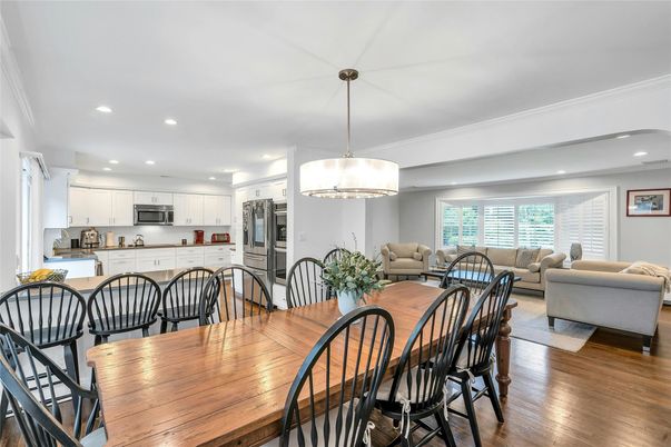 Dining room, Interior, Kitchen, Living room, Pendant Lights, Recessed Lighting, Stainless Steel Appliances, Wood Texture Flooring