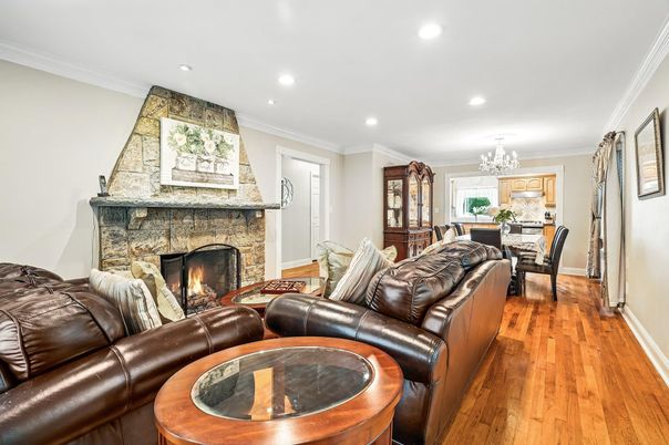 Chandelier, Dining room, Fireplace, Interior, Living room, Recessed Lighting, Wood Texture Flooring