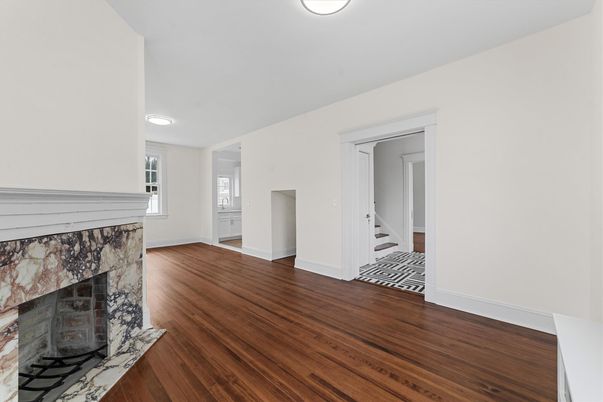 Empty room, Fireplace, Interior, Recessed Lighting, Wood Texture Flooring