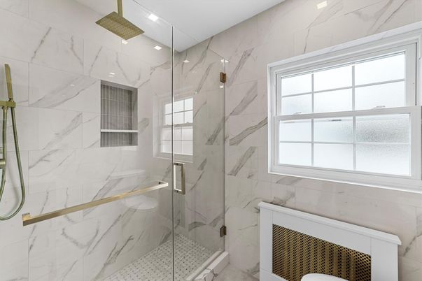 Bathroom, Glass Shower, Interior, Marble Walls, Recessed Lighting