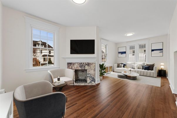 Fireplace, Interior, Living room, Recessed Lighting, Wood Texture Flooring