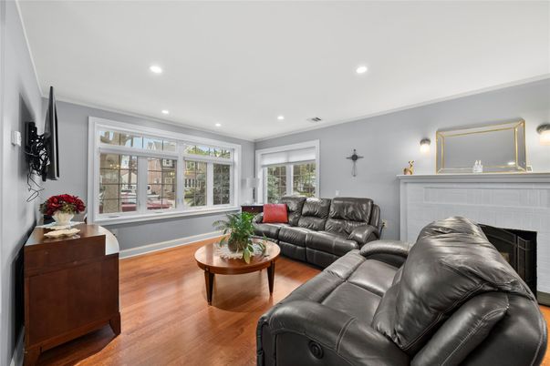 Fireplace, Interior, Living room, Recessed Lighting, Wood Texture Flooring