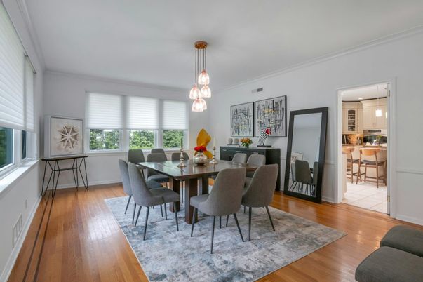Dining room, Interior, Pendant Lights, Wood Texture Flooring