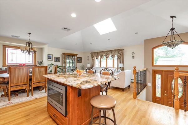 Chandelier, Dining room, Interior, Kitchen, Living room, Pendant Lights, Recessed Lighting, Wood Texture Flooring