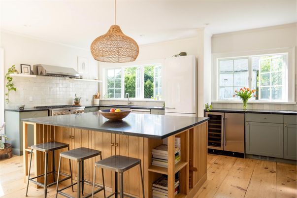 Interior, Kitchen, Pendant Lights, Stainless Steel Appliances, Wood Texture Flooring
