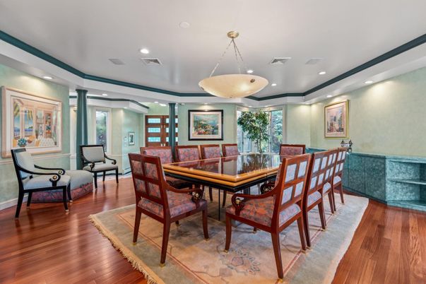 Dining room, Interior, Pendant Lights, Recessed Lighting, Wood Texture Flooring