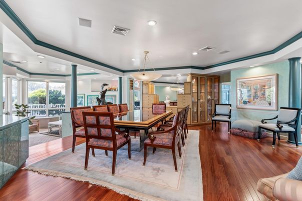 Dining room, Interior, Pendant Lights, Recessed Lighting, Wood Texture Flooring