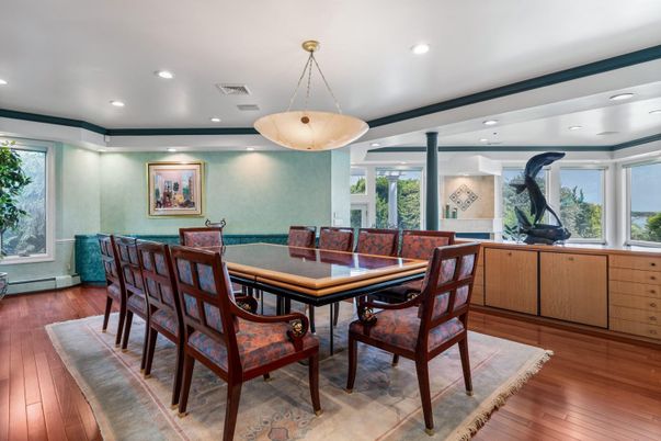 Dining room, Interior, Pendant Lights, Recessed Lighting, Wood Texture Flooring