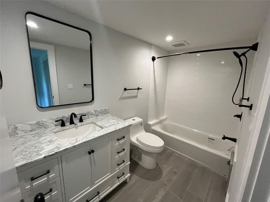 Bathroom, Dual Sink Vanities, Interior, Recessed Lighting, Wood Texture Flooring