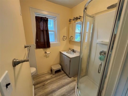 Bathroom, Glass Shower, Interior, Wood Texture Flooring