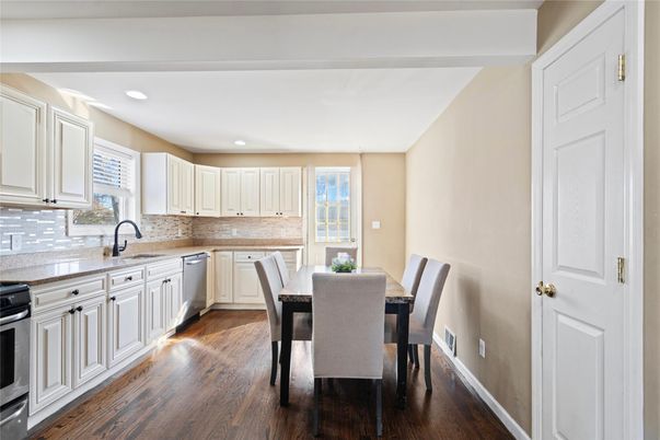 Dining room, Interior, Kitchen, Recessed Lighting, Stainless Steel Appliances, Wood Texture Flooring