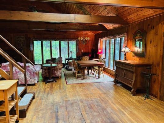 Chandelier, Dining room, Interior, Wooden Beams, Wooden Ceilings, Wood Texture Flooring, Wooden Walls