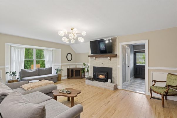 Fireplace, Interior, Living room, Pendant Lights, Wood Texture Flooring