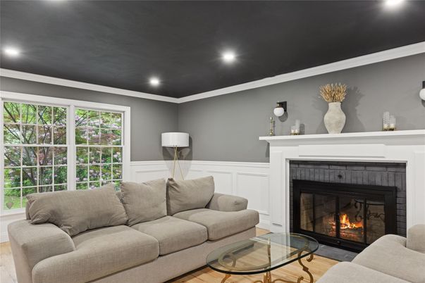 Fireplace, Interior, Living room, Recessed Lighting, Wood Texture Flooring