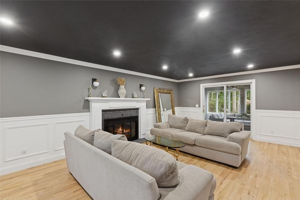 Fireplace, Interior, Living room, Recessed Lighting, Wood Texture Flooring
