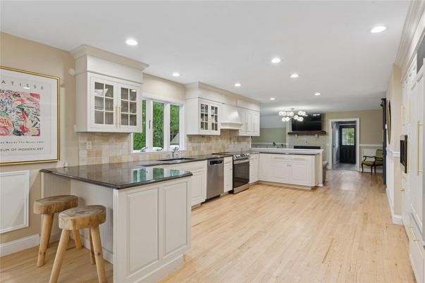 Interior, Kitchen, Recessed Lighting, Stainless Steel Appliances, Wood Texture Flooring