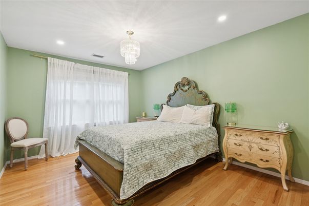 Bedroom, Chandelier, Interior, Recessed Lighting, Wood Texture Flooring