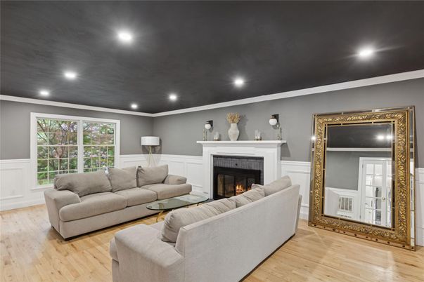 Fireplace, Interior, Living room, Recessed Lighting, Wood Texture Flooring