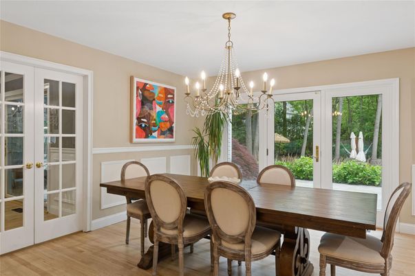 Chandelier, Dining room, Interior, Wood Texture Flooring