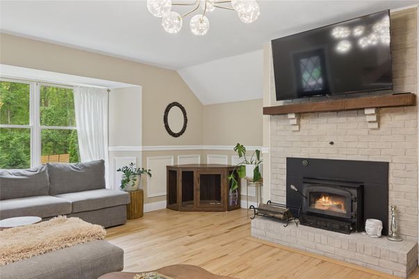 Fireplace, Interior, Living room, Pendant Lights, Wood Texture Flooring